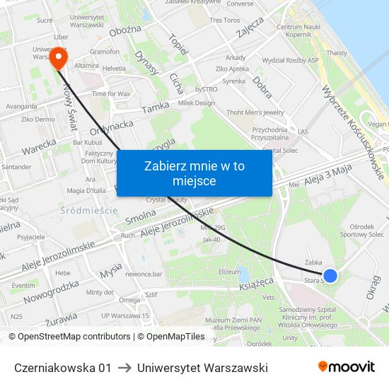 Czerniakowska 01 to Uniwersytet Warszawski map