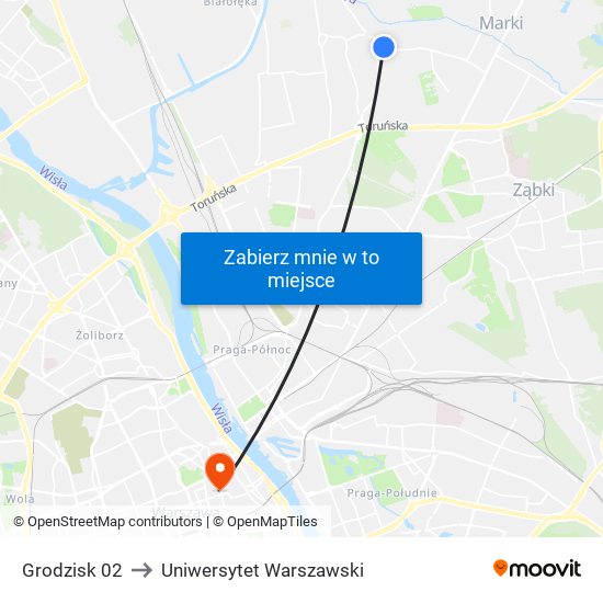 Grodzisk to Uniwersytet Warszawski map