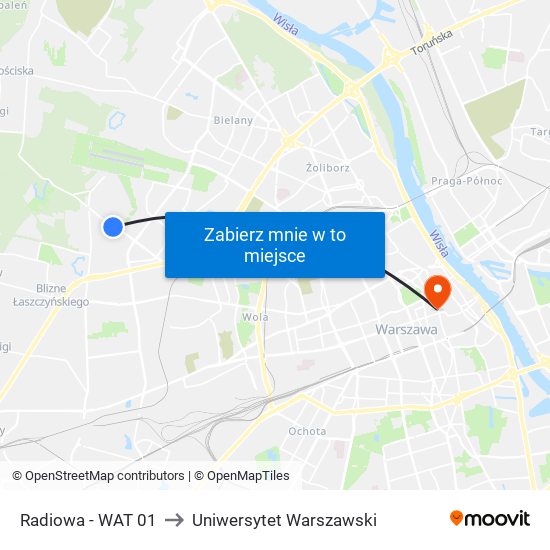 Radiowa - WAT 01 to Uniwersytet Warszawski map