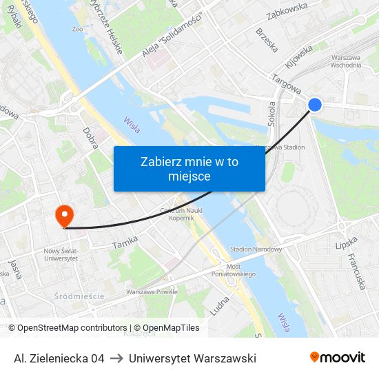 Al. Zieleniecka 04 to Uniwersytet Warszawski map