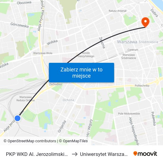 PKP WKD Al. Jerozolimskie to Uniwersytet Warszawski map