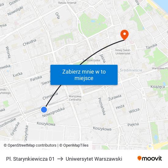 Pl. Starynkiewicza to Uniwersytet Warszawski map