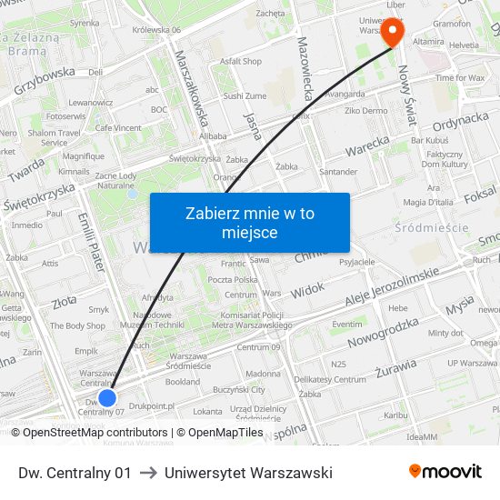 Dw. Centralny 01 to Uniwersytet Warszawski map