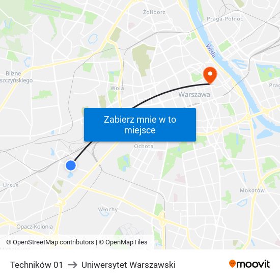 Techników 01 to Uniwersytet Warszawski map