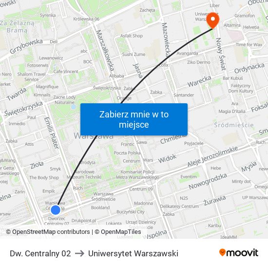 Dw. Centralny 02 to Uniwersytet Warszawski map