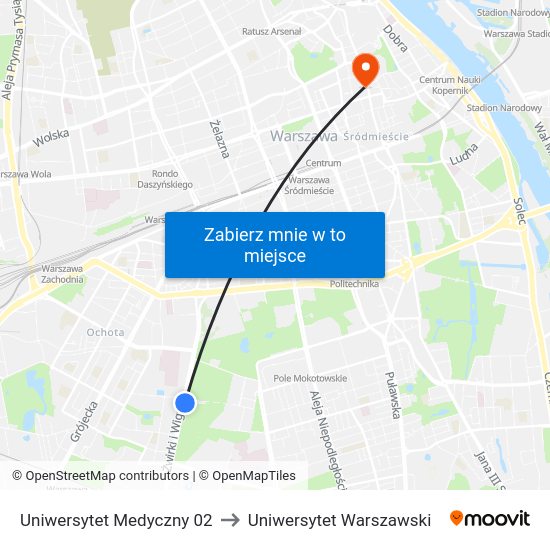 Uniwersytet Medyczny to Uniwersytet Warszawski map