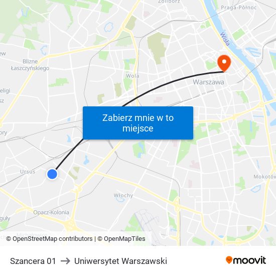 Szancera 01 to Uniwersytet Warszawski map