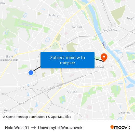 Hala Wola 01 to Uniwersytet Warszawski map
