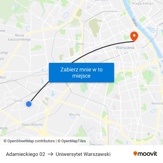 Adamieckiego 02 to Uniwersytet Warszawski map