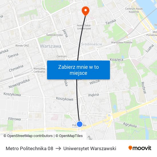 Metro Politechnika to Uniwersytet Warszawski map