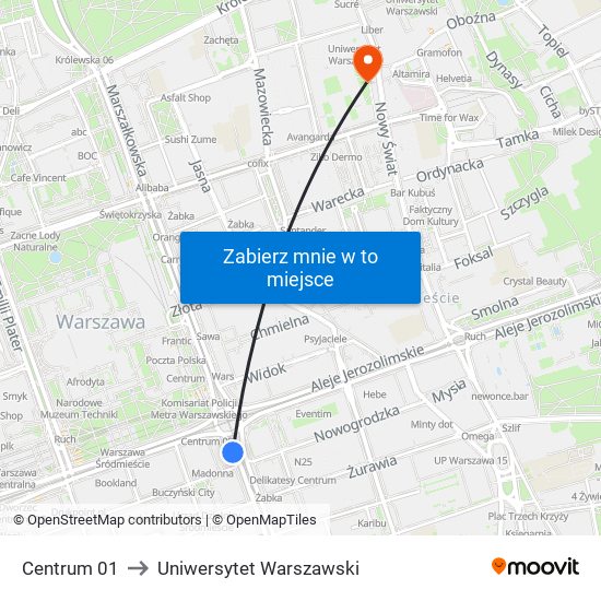 Centrum to Uniwersytet Warszawski map