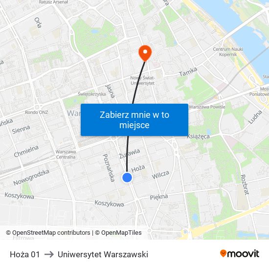 Hoża 01 to Uniwersytet Warszawski map