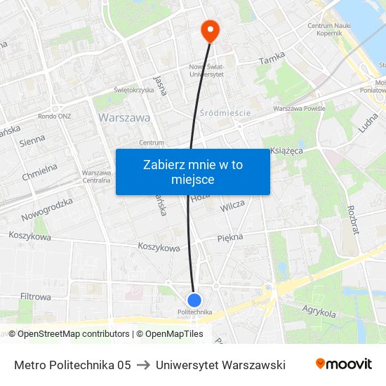 Metro Politechnika 05 to Uniwersytet Warszawski map