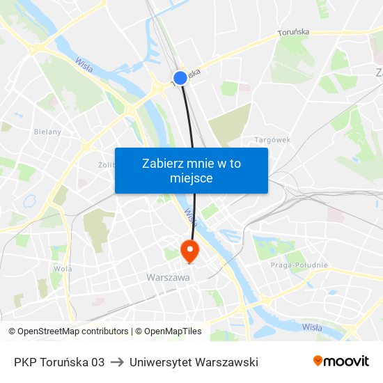 PKP Toruńska to Uniwersytet Warszawski map