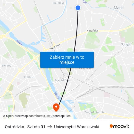 Ostródzka - Szkoła 01 to Uniwersytet Warszawski map
