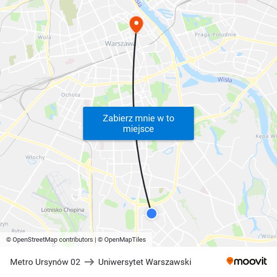 Metro Ursynów 02 to Uniwersytet Warszawski map