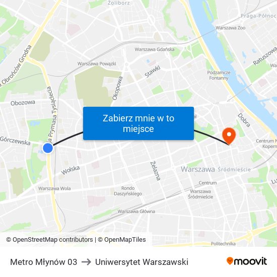 Metro Młynów 03 to Uniwersytet Warszawski map