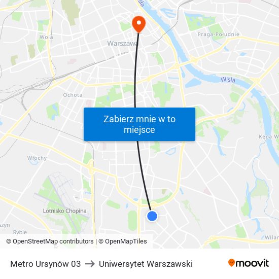 Metro Ursynów 03 to Uniwersytet Warszawski map