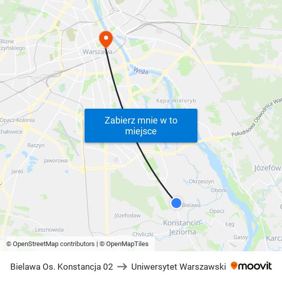 Bielawa Os. Konstancja 02 to Uniwersytet Warszawski map
