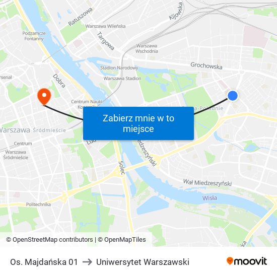 Os. Majdańska to Uniwersytet Warszawski map