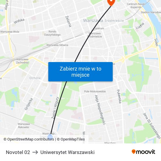 Novotel 02 to Uniwersytet Warszawski map