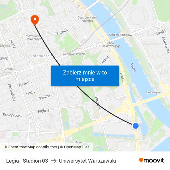 Legia-Stadion to Uniwersytet Warszawski map