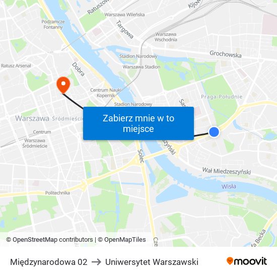 Międzynarodowa 02 to Uniwersytet Warszawski map