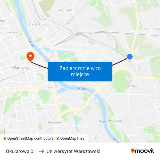Okularowa 01 to Uniwersytet Warszawski map