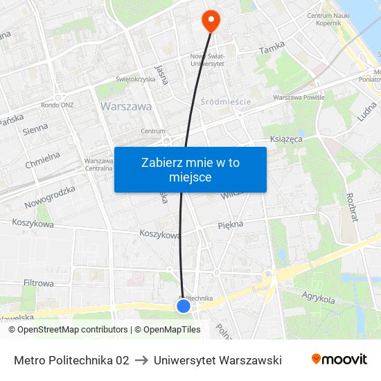 Metro Politechnika 02 to Uniwersytet Warszawski map
