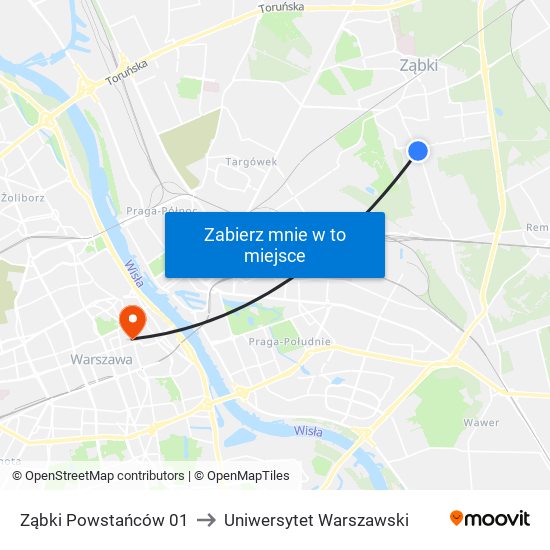 Ząbki Powstańców 01 to Uniwersytet Warszawski map