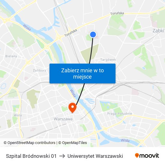 Szpital Bródnowski 01 to Uniwersytet Warszawski map