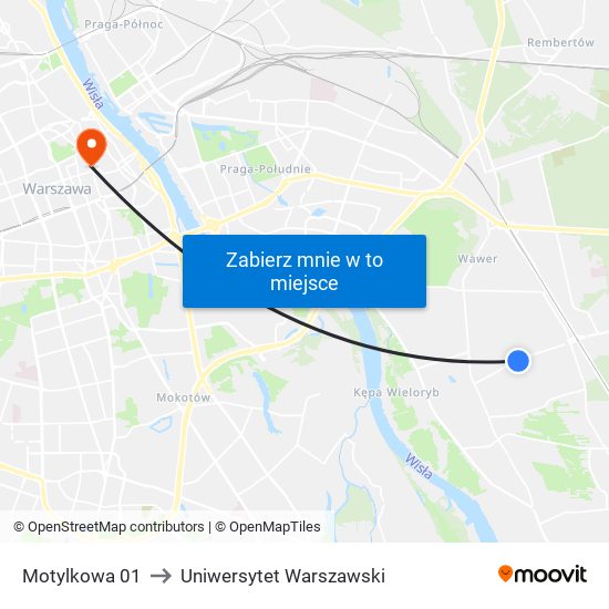 Motylkowa 01 to Uniwersytet Warszawski map
