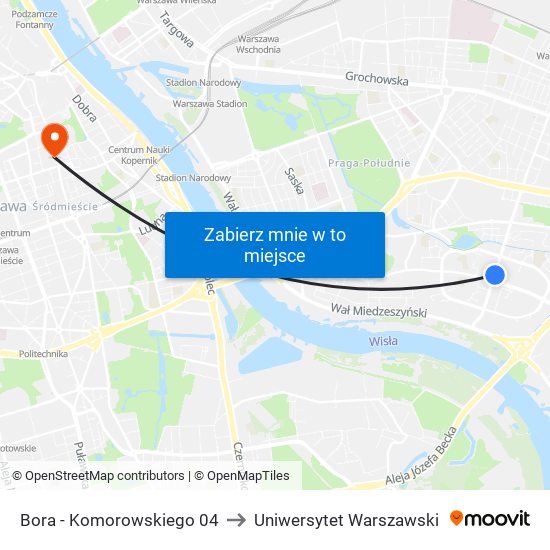 Bora - Komorowskiego 04 to Uniwersytet Warszawski map