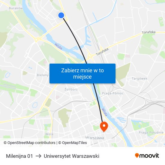 Milenijna 01 to Uniwersytet Warszawski map