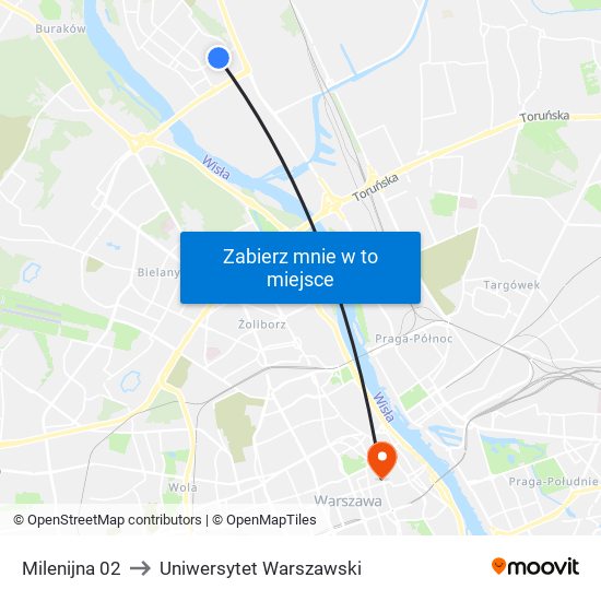 Milenijna 02 to Uniwersytet Warszawski map