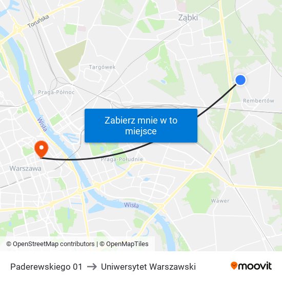 Paderewskiego 01 to Uniwersytet Warszawski map