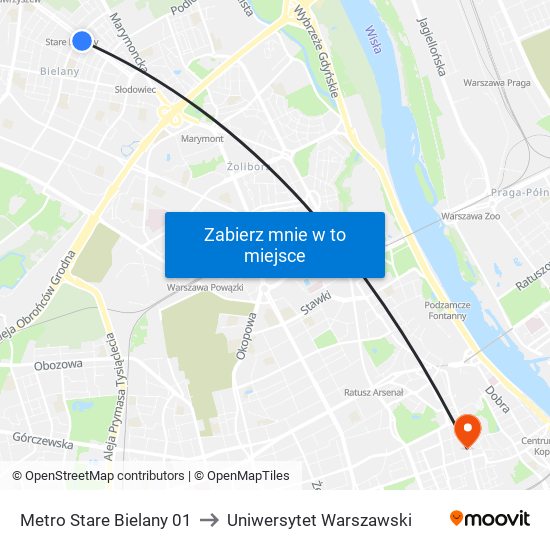 Metro Stare Bielany 01 to Uniwersytet Warszawski map