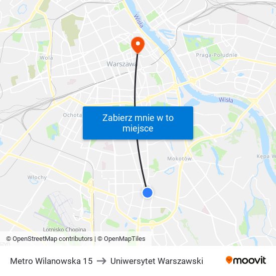 Metro Wilanowska 15 to Uniwersytet Warszawski map