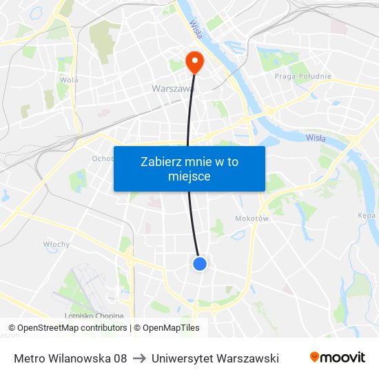 Metro Wilanowska to Uniwersytet Warszawski map