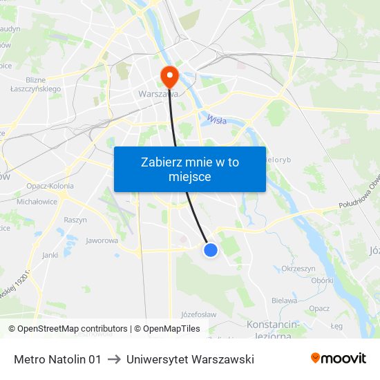 Metro Natolin to Uniwersytet Warszawski map