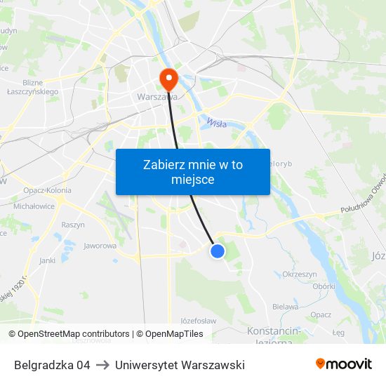 Belgradzka to Uniwersytet Warszawski map