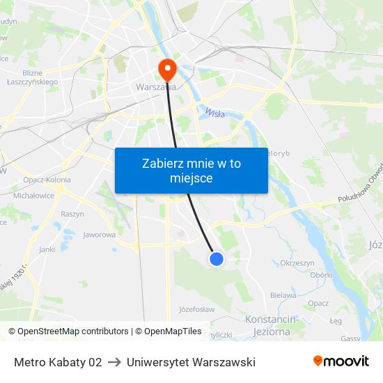 Metro Kabaty to Uniwersytet Warszawski map