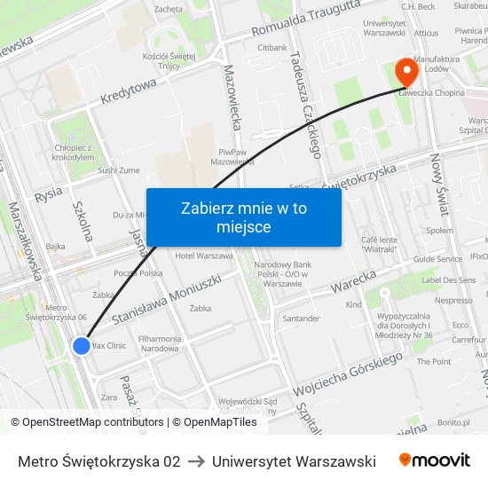 Metro Świętokrzyska 02 to Uniwersytet Warszawski map