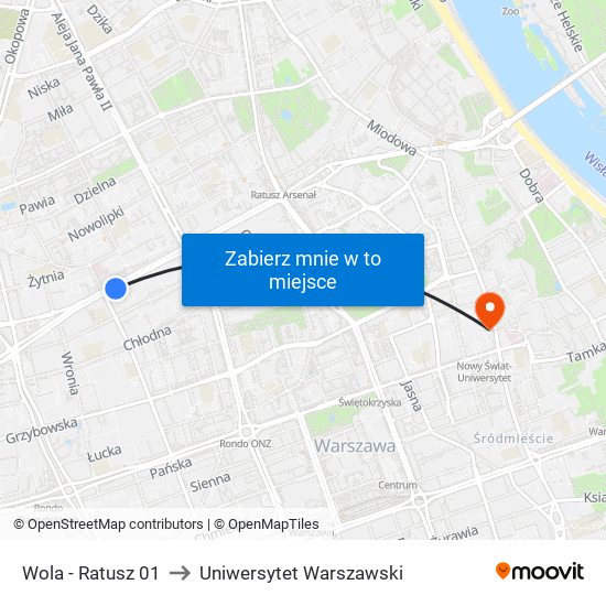 Wola - Ratusz 01 to Uniwersytet Warszawski map