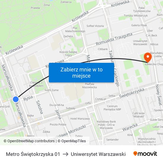 Metro Świętokrzyska 01 to Uniwersytet Warszawski map