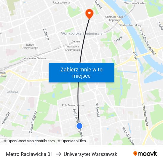 Metro Racławicka 01 to Uniwersytet Warszawski map