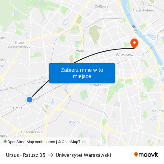 Ursus - Ratusz 05 to Uniwersytet Warszawski map