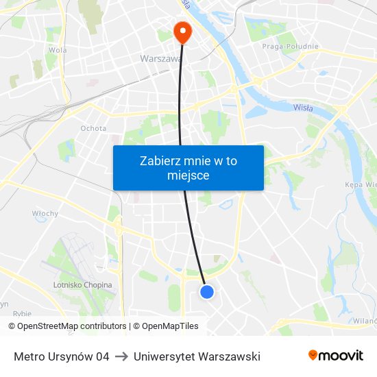 Metro Ursynów to Uniwersytet Warszawski map