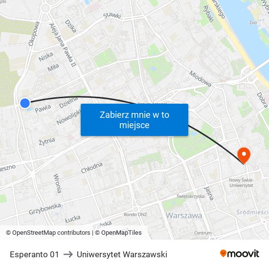 Esperanto 01 to Uniwersytet Warszawski map