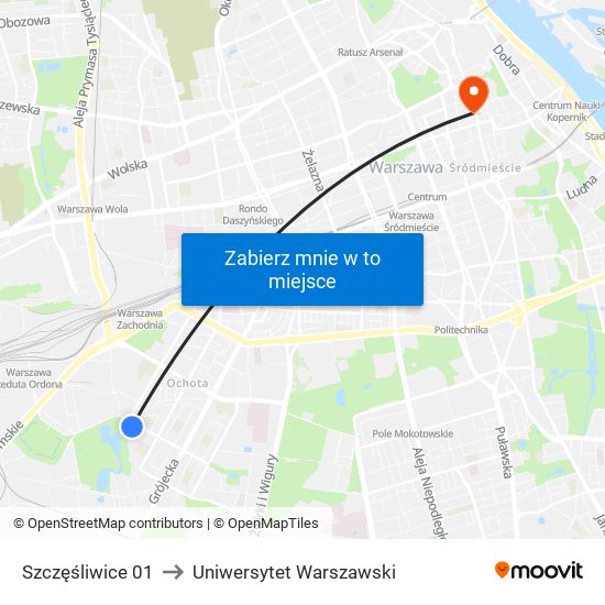 Szczęśliwice 01 to Uniwersytet Warszawski map